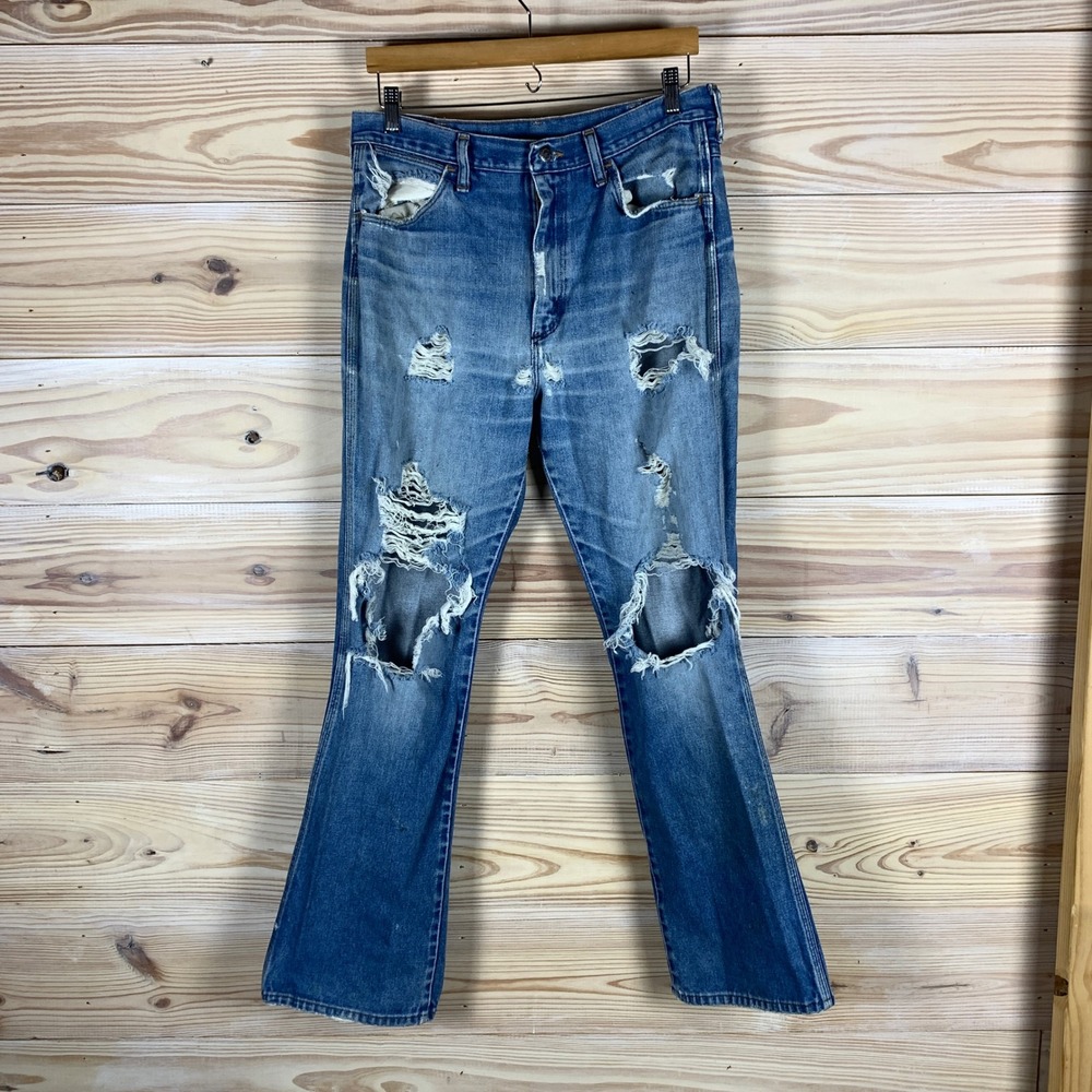 VTG Wrangler Jeans Men 34x32 Blue 80s USA Distressed 945DEN Regular Fit Denim